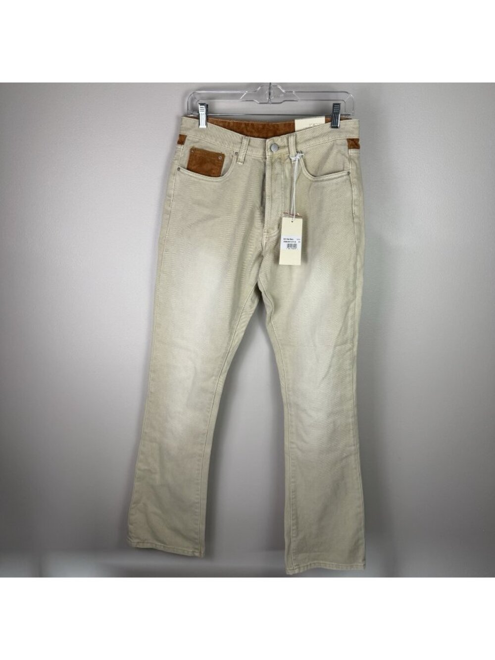 MNML B375 Flare Denim Light Tan Size 29 NWT Streetwear Suede Pocket Contrast
